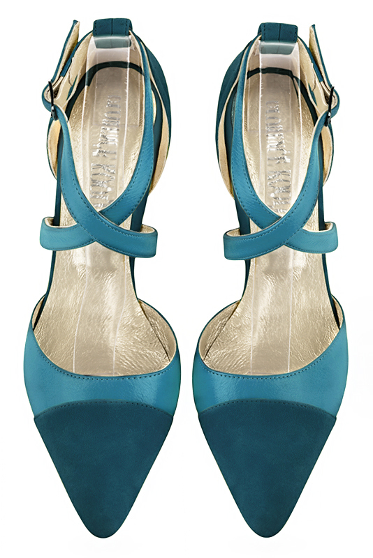 Peacock blue women's open side shoes, with crossed straps. Tapered toe. Medium comma heels. Top view - Florence KOOIJMAN